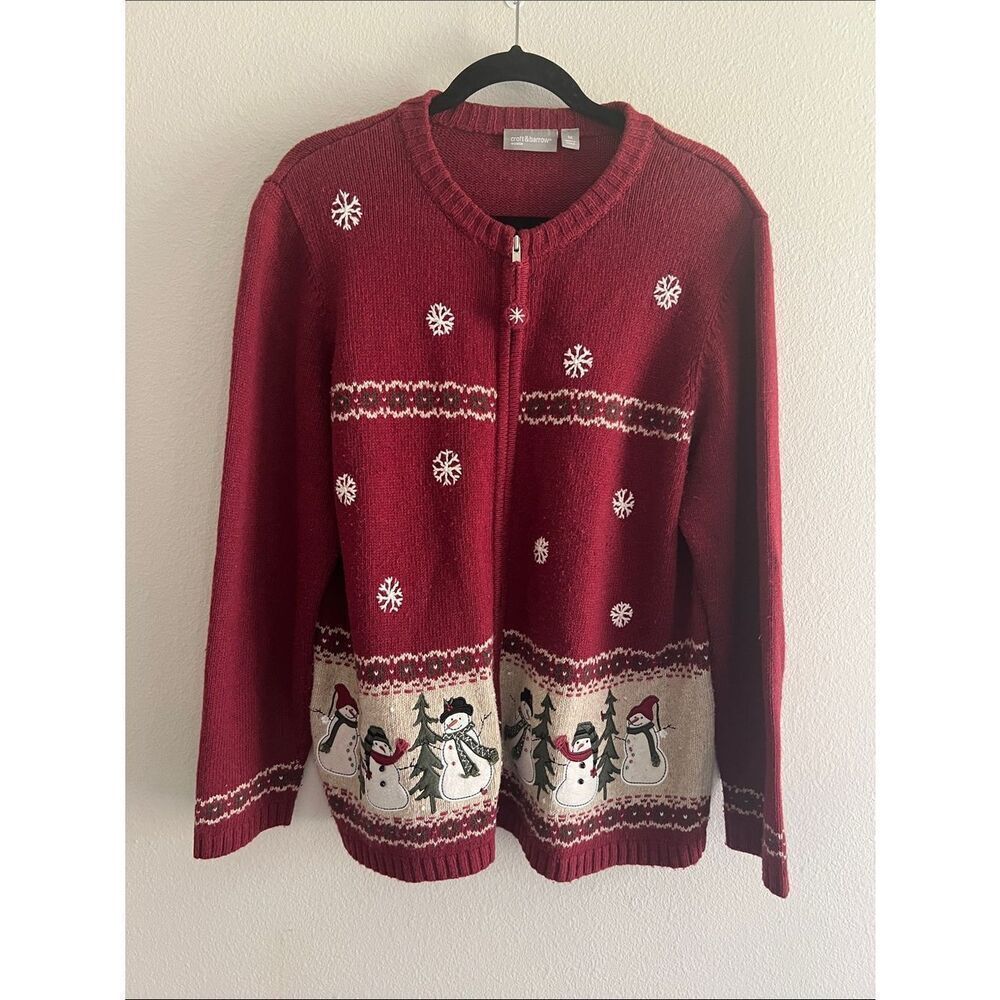 Croft & Barrow Red Snowman Christmas Cardigan Sweater Holiday Winter
